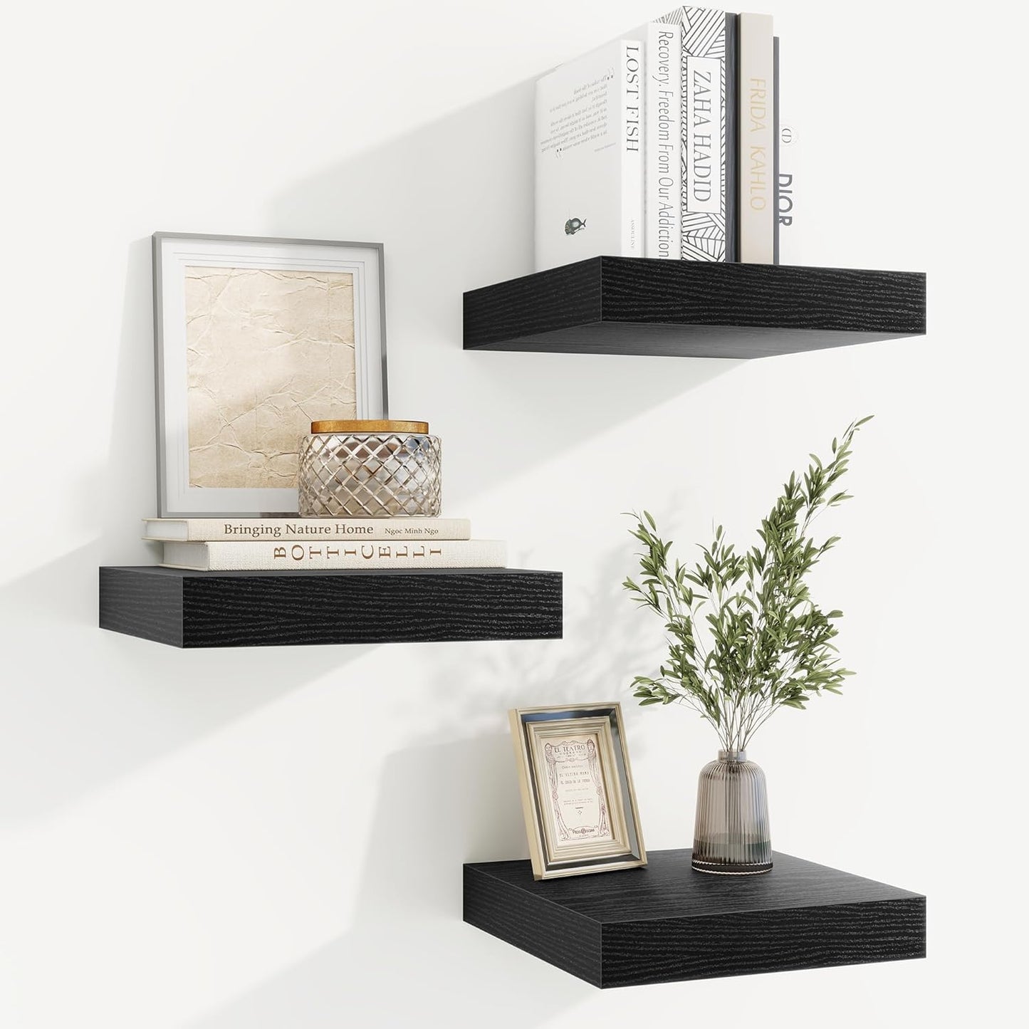 fuqing Floating Shelves for Wall, Bathroom Shelf Wall Mounted for Storage, Shelves with Invisible Bracket for Bedroom, Kitchen, Living Room, Farmhouse Small Book Shelf, 6.5 Inch Set of 3, Black