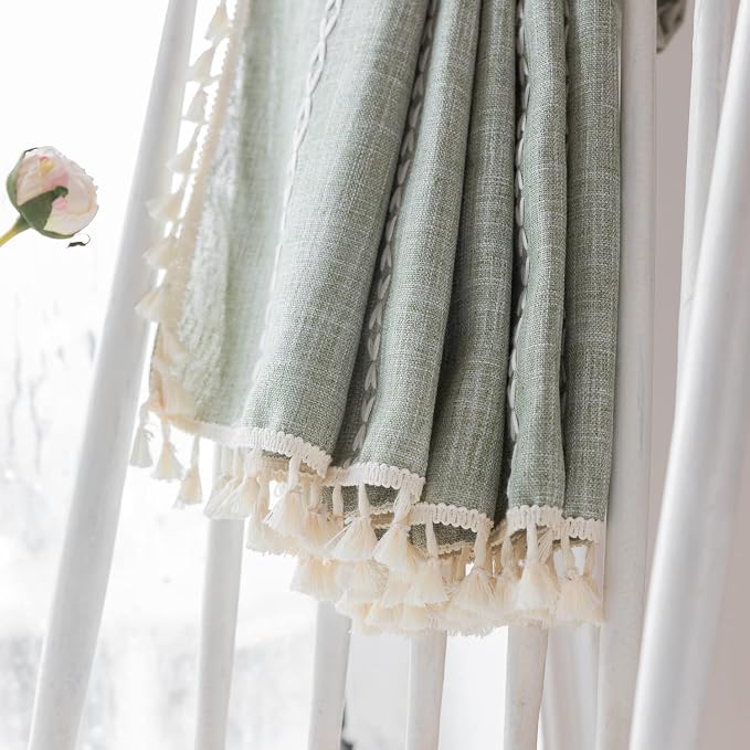 Boho Embroidered Linen Curtains - 96 Inch Long, 2 Panels, Sage Green, Farmhouse Style, Bohemian, Light Filtering for Bedroom & Living Room (52" W x 96" L)