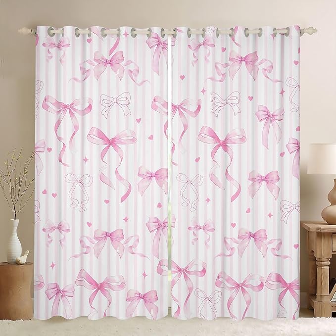 Feelyou Girls Pink Bow Blackout Curtains Coquette Cute Bow Knot Darkening Drapes for Bedroom Living Room Pink White Stripes Insulated Shades Dreamy Princess Window Treatments, 2 Panels 42 x 63 Inch