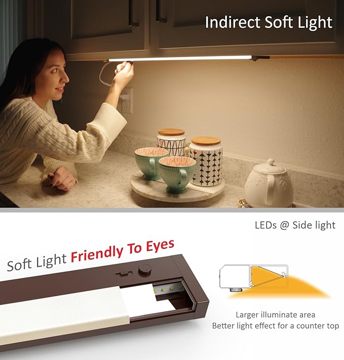 Leetdud Under Cabinet Lighting Plug in or Hardwired Built-in Dimmer, 24 Inch 12W, 5CCT 2700/3000/3500/4000/5000K, Linkable Counter Lights for Kitchen, ETL Dimmable LED Light Fixture, Bronze