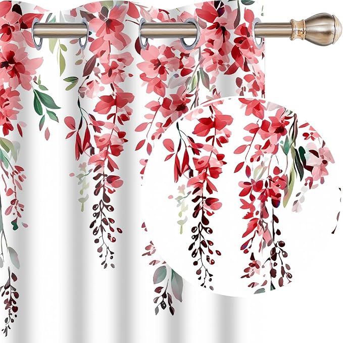 Red Watercolor Floral Curtains, 52x84 inch, 2 Panels | Botanical Leaves Vine Flowers, Rustic Farmhouse, Blackout Window Treatment, For Bedroom Living Room