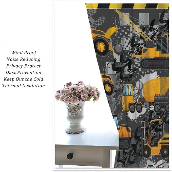 Cartoon Car Blackout Curtain,Boy Kids Construction Yellow Tractor Excavator Window Curtains Cloth Farbic Kitchen Bedroom Cafe Dining Room Office Living Room Drapes, 52x96 in