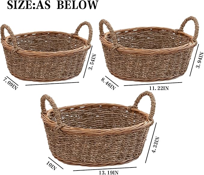 Natural Wicker & Seagrass Woven Storage Baskets Set of 3, Oval Handled Willow Baskets, Rattan Nesting Bins for Kitchen, Living Room, Bathroom & Pantry Organization