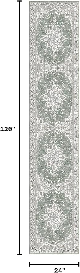 GENIMO 2X10 Washable Vintage Runner Rug for Hallway, Non-Slip Low Pile Chenille Print Rug, Soft Rugs for Indoor Entryway Kitchen Corridor, Sage & Linen