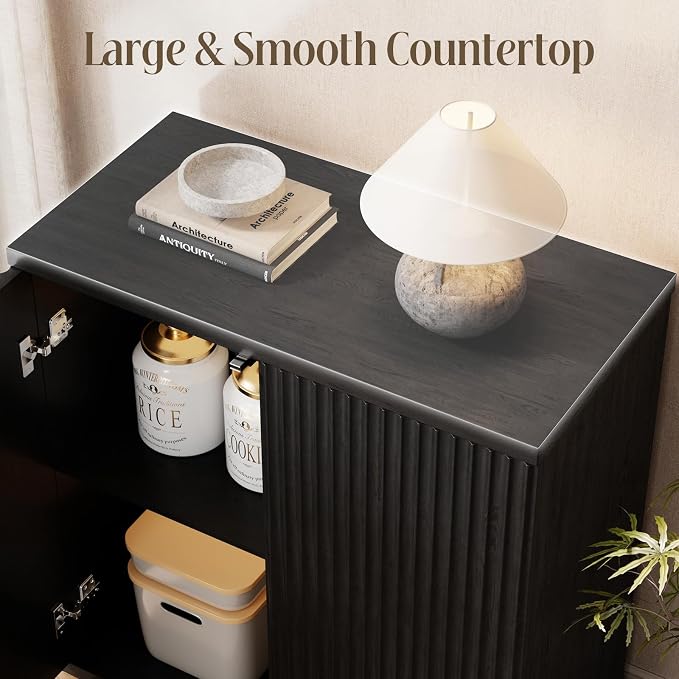 Fluted Buffet Cabinet Sideboard with Storage, Modern Black Credenza Cabinet with 2 Doors & Adjustable Shelf, 15" Deep Wood Accent Cabinet for Dining Room, Living Room, Entryway & Kitchen