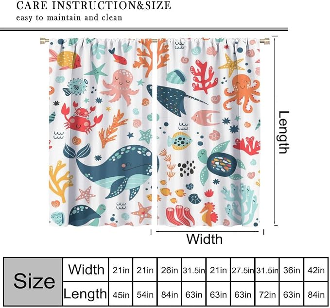 YCness Kids Cute Whale Curtains Funny Cartoon Ocean Animal Octopus Coral Art Printed Blackout Window Drapes for Boys Girls Bedroom Nursery Decor Fabric Set 2 Panel 42x63 Inch 80% Shading Rate