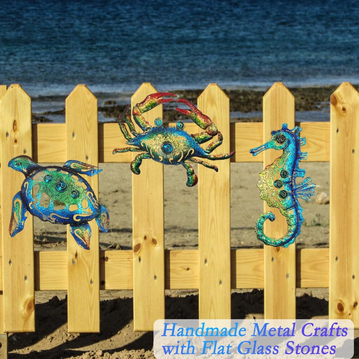 Weibefee Metal Sea Turtle Seahorse Crab Beach Themed Bathroom Wall Art Decor, Ocean Themed Wall Decorations for Home Bathroom,10 Inch, Set of 3…