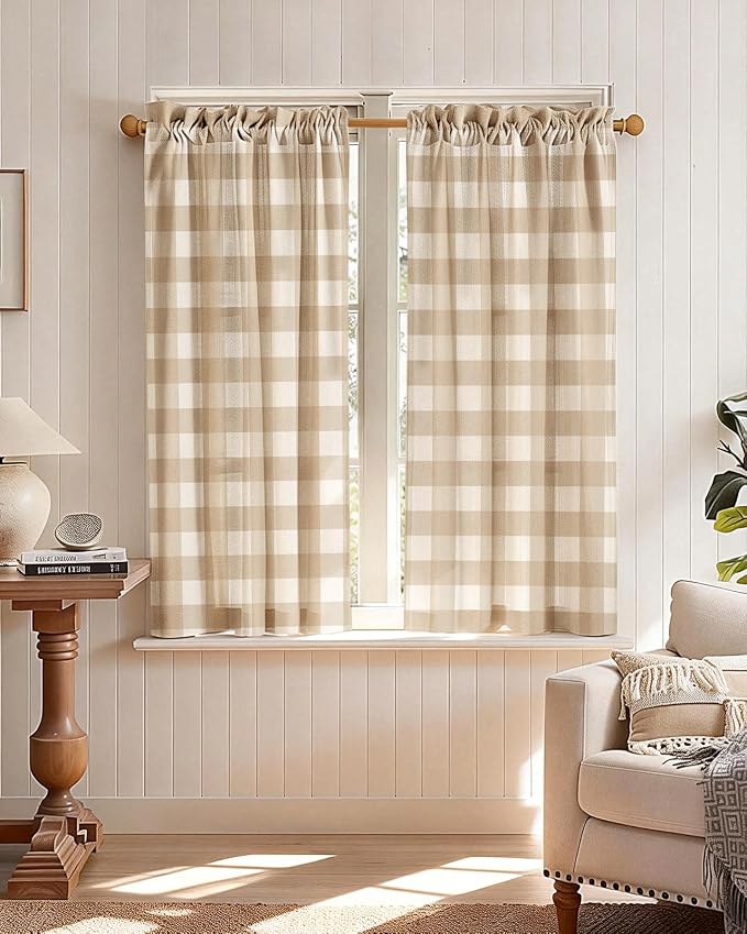 Miss Adola Farmhouse Kitchen Tier Curtains - 45 Inch Length Linen Blend Cafe Curtains Yellow Plaid Small Window Treatments Over Sink Rod Pocket for Bathroom Living Room Light Filtering, 2 Panels