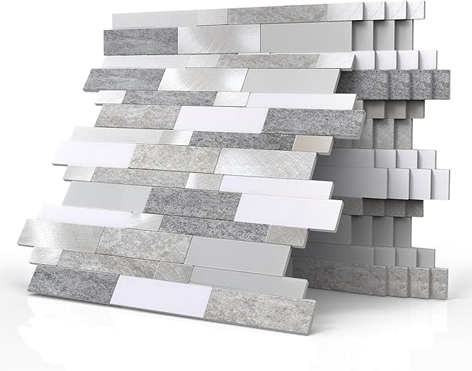 BeNice Backsplash Peel and Stick Wall Tiles for Kitchen,Subway Self Adhesive Linear Mosaic Stickers Bathroom Waterproof(10 Sheets, Rustic Gray)