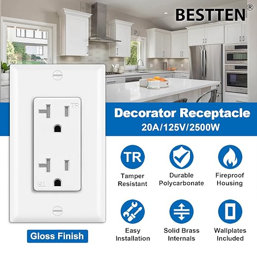 BESTTEN 20 Pack 20 Amp Decor Wall Receptacle Outlet, 20A Tamper-Resistant (TR) Electrical Outlet with Wallplate, Residential and Commercial Use, UL Listed, White