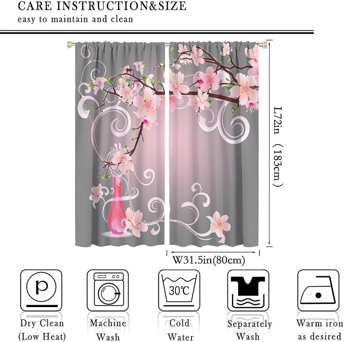 Cherry Blossom Curtains,Pink Flower Japanese Floral Print Window Treatments for Bedroom Living Room Kitchen Polyester Fabric Window Drapes 2 Panels Set,Total Size 63 x 72 Inch