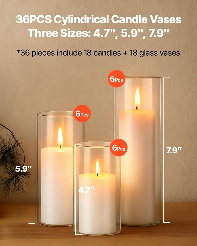 VEVOR Pillar Candles and Glass Vases Set 36 Pcs, Clear Cylinder Hurricane Candle Holders for Wedding Centerpieces, Tall Vase for Table Decor, Wedding Party, Thanksgiving,White (2.56" x 4.7",5.9",7.9")