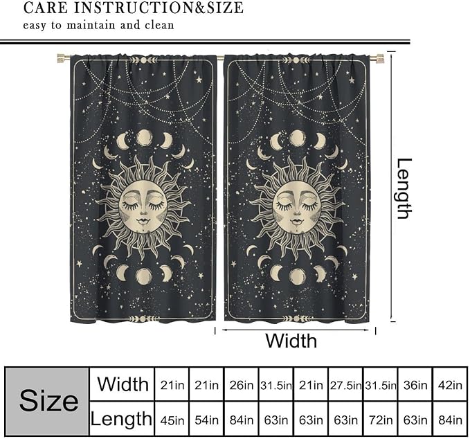 Sun Moon Blackout Curtains, Sun Moon Phases Stars Magic Bohemian Golden Mystical Window Treatment Drapes for Bedroom Living Room 63" W X 63" L