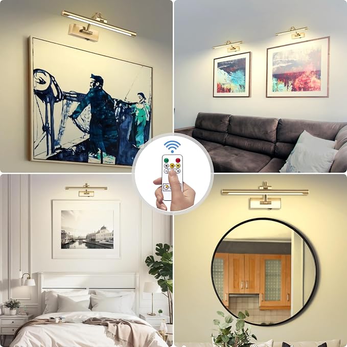 Tassuowell Wireless Picture Lights for Wall Rechargeable, Battery Operated Art Light for Paintings, 3CCT Dimmable, 15.7" Brass Finish with Remote, Rotatable Gallery Light for Pictures Display