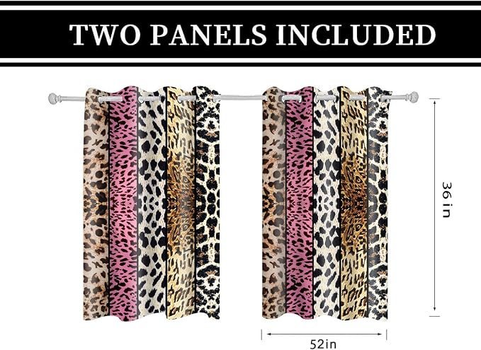 Wild Animal Print Curtain, Room Darkening Thermal Insulated Blackout Leopard Boa Window Drapes with Grommets for Living, Dining, Bedroom, Pink Leopard Print, 52"x 36", 2 Panels