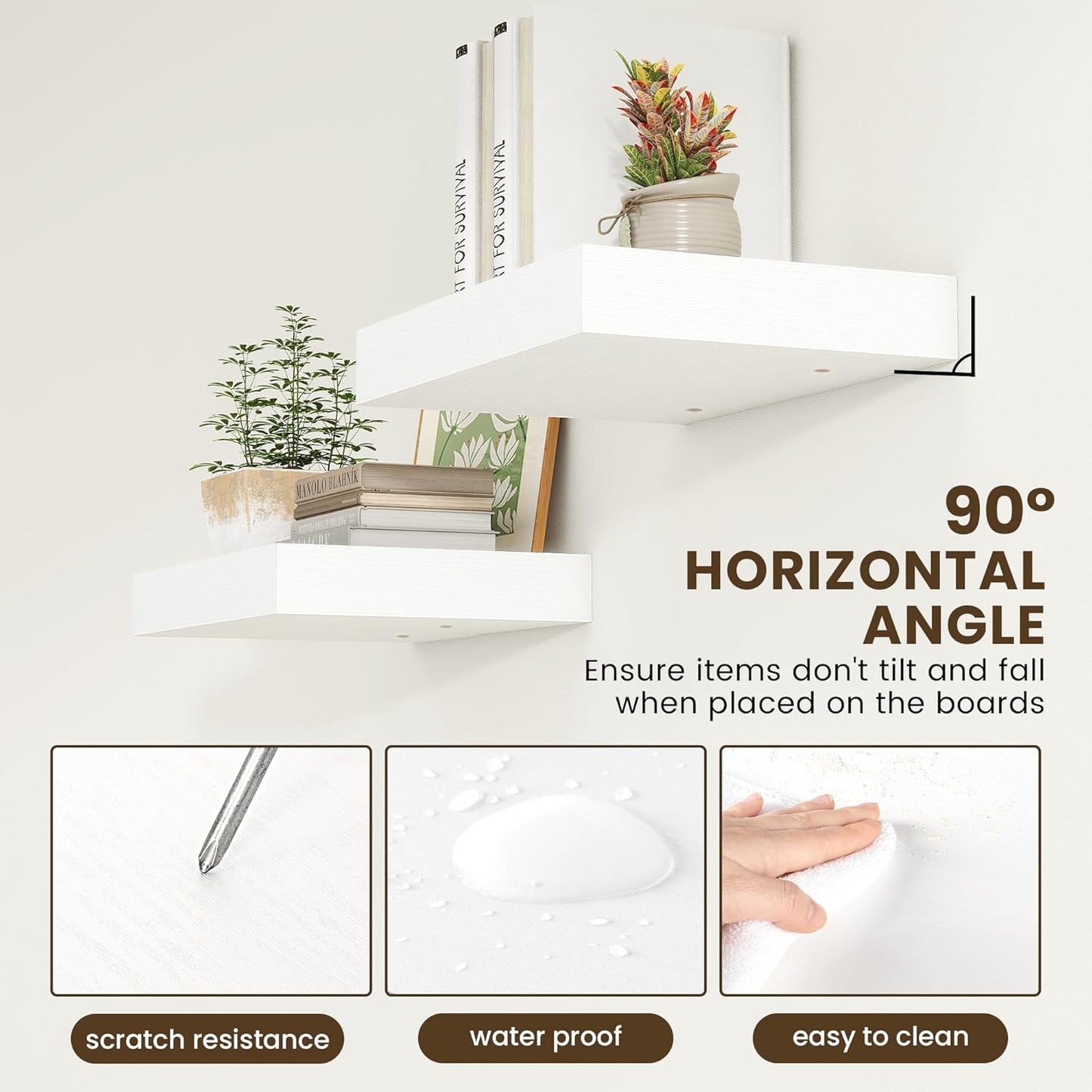 Deep Floating Shelves for Wall | 12 Inch Deep White Floating Shelves Set of 2 | 16W x 12D Rustic Wood Wide Wall Shelves | Bookshelf Laundry Shelf TV Shelf