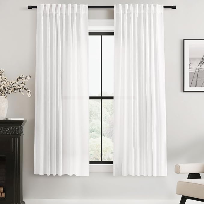 White Linen Curtains 63 inch Length 2 Panel Set for Living Room Back Tab Semi Sheer Light Filtering Bedroom Window Curtain 63 inch Long Cotton Textured Modern Elegant Coastal Drapes 60x63