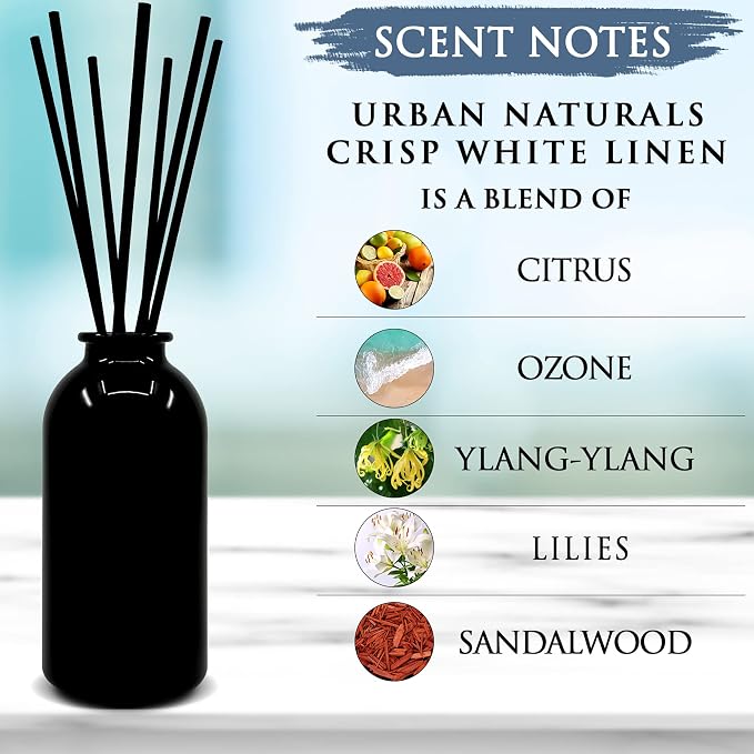 Urban Naturals Reed Diffuser Set, Crisp White Linen - Bathroom Shelf Décor