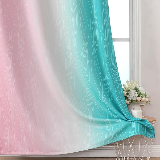 Estelar Textiler Pink and Teal Blackout Curtains 45 Inch Length, Full Light Blocking Gradient Drapes for Bedroom, Thermal Insulated Grommet Ombre Curtains for Bathroom, 52Wx45L, 2 Panels