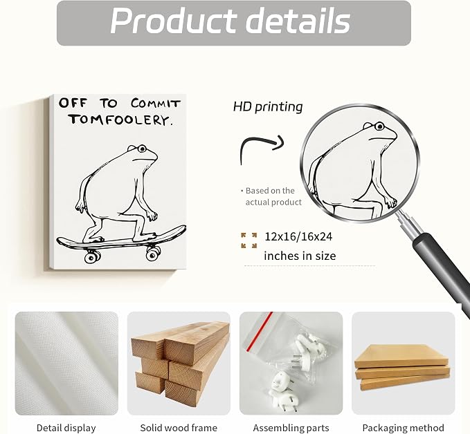 Funny Frog Wall Art Funky Skateboard Frog Prints for Wall Decor 12x16 Inch | Cool Posters, Unique Paintings for Kids Room, Minimalist Funny Animal Artwork - Teen Boy Walls