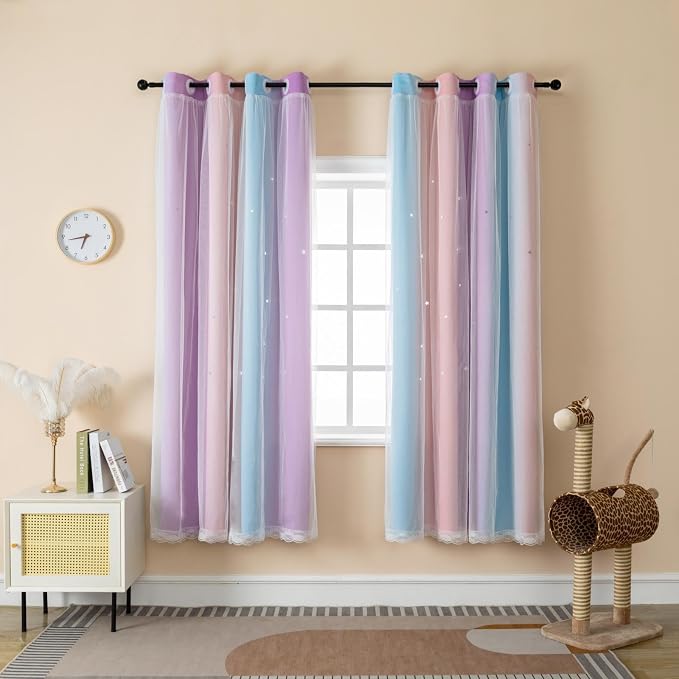 Cute Star Blackout Curtains for Girls Bedroom, Princess Curtains, W52X L84 | 1 Panel Pink Purple Thick Grommet Top Star Cutout Curtains, Double Layer Nursery Kids Curtains, Aesthetic Living Room Decor