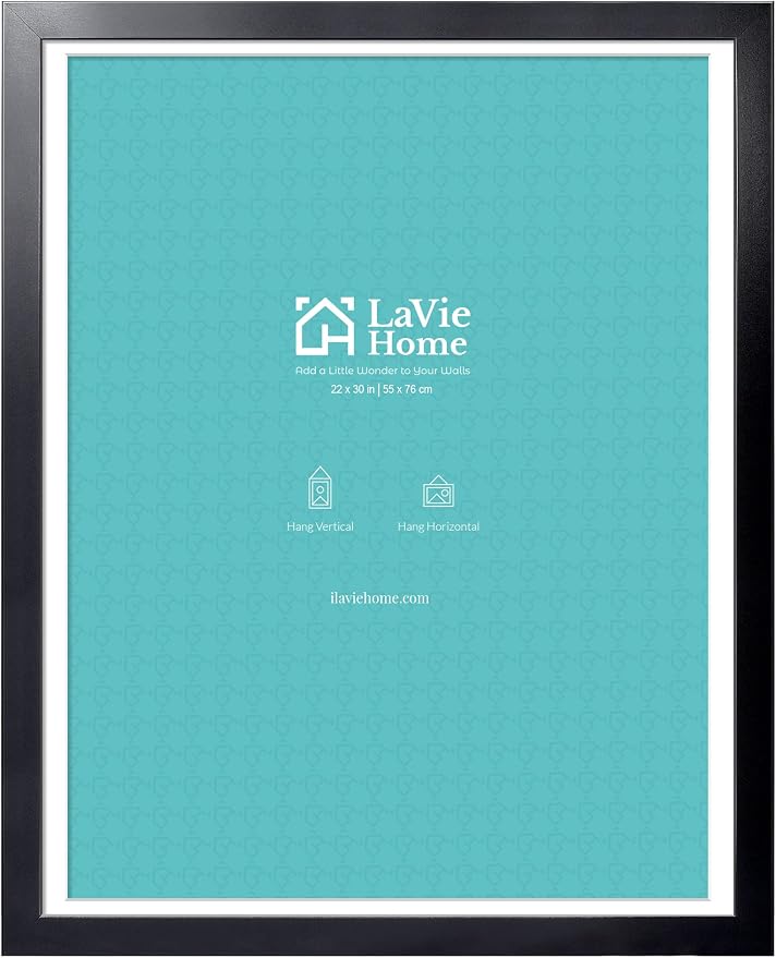 LaVie Home 22 x 30 Poster Frame Black, Display Pictures 18x27 with Mat or 22x30 Without Mat, Stable and Sturdy Picture Frame and Polished Plexiglass, Horizontal and Vertical Format of The Wall（1 Pack）