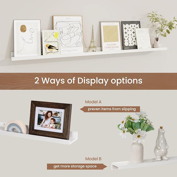 Picture Ledge Shelf, Solid Pine Wood Floating Shelves Set of 2, 48 Inches Nursery Book Shelves for Toys Storage, Kids Bookshelf Wall Mounted for Living Room Bedroom Decor Books Photo Frames, White