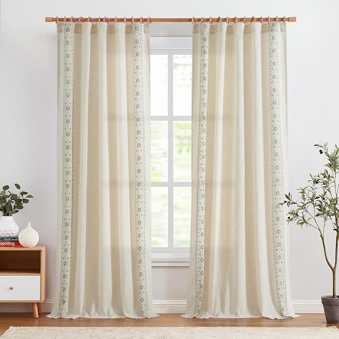 jinchan Weslie Boho Curtains for Bedroom Sage Green Vintage Floral Farmhouse Curtains 96 Inches Long Linen Drapes for Living Room Embroidered Light Filtering Drapes Sage on Beige 2 Panels