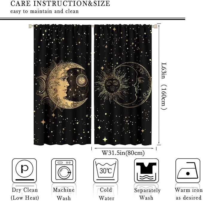 Sun and Moon Blackout Windows Curtains, Golden Planet Star Mysterious Galaxy Curtains Space Curtains, for Living Room Bedroom 63x63in 2 Panels