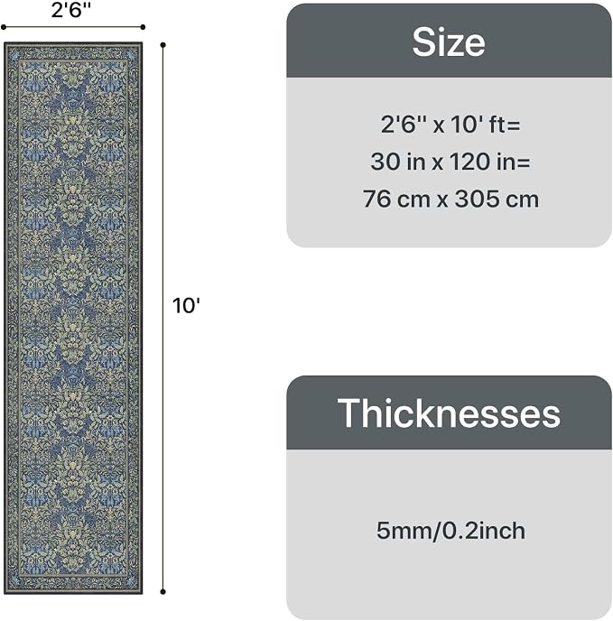 GENIMO 2.5x10 Washable Long Runner Rug, Non Slip Hallway Mat, Dark Blue | Vintage Boho Floral Low Pile Thin Mat for Entryway, Kitchen, Bedroom, Indoor Decor