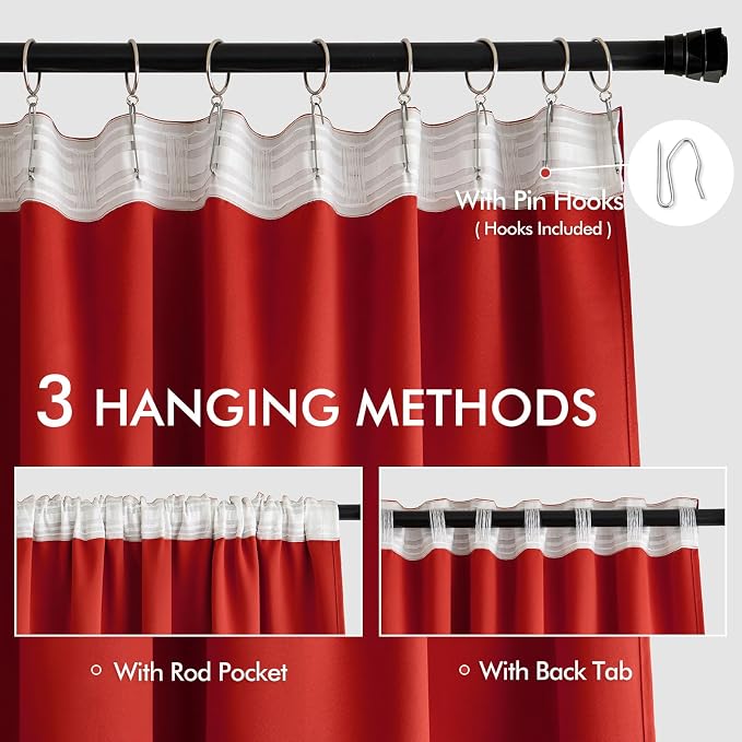 MIULEE Christmas Red Back Tab Blackout Curtains 90 Inches Long 2 Panels Set for Living Room Bedroom Privacy, Rod Pocket/Pinch Pleat Thermal Insulated Room Darkening Pleated Light Blocking Drapes