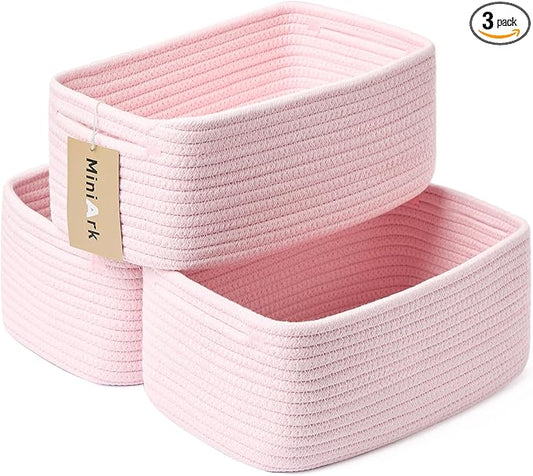 MiniArk Small Storage Baskets for Organizing | Closet Organizer Bins | Shelf Toy Basket | Woven Rope Baskets | Cube Decorative Box | Shallow Basket | 13x8.5x5.1” | 3 Packs Light Pink