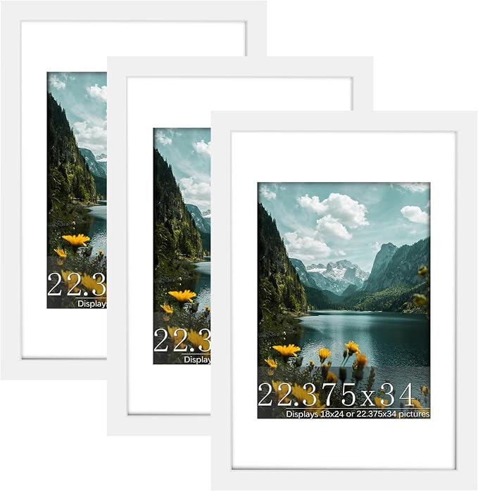 Picrit 22.375x34 Picture Frame 3 Pack, White Poster Frame, Display Poster 18 x 24 with Mat or 22.375 x 34 without Mat for Horizontal or Vertical Wall Mounting