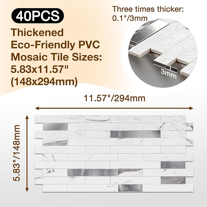 Peel and Stick Backsplash Tile Waterproof Removable PVC Wall Sticker 3D Faux Stone Marble Brick White Accent Panels (Rough White Marble - Metal Silver, 40 Tiles - 18 sq. ft. (1.68 m²)
