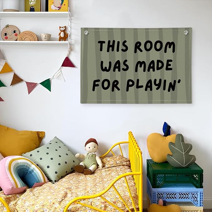 Playroom Decor Wall Banner "This Room Was Made For Playin'" 20x30 Inch - Nursery Canvas Art, Kids Bedroom Hanging, Linen Toddler Play Area Sign, Children's Canvas Flag Decor - Green