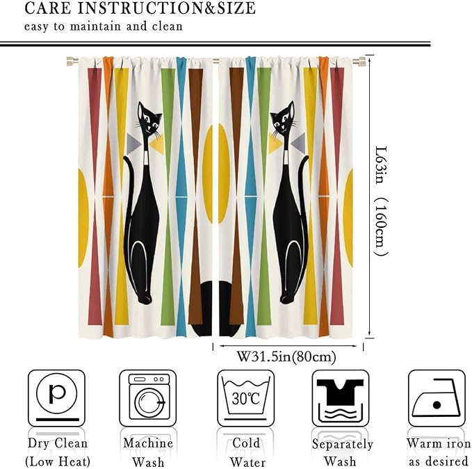 JESTRONRY Mid Century Style Curtains,Black Cat Modern Abstract Geometric Vintage Colorful Shape Pattern Theme Home Fabric Living Room Bedroom Kitchen Bathroom Decor 63x63in