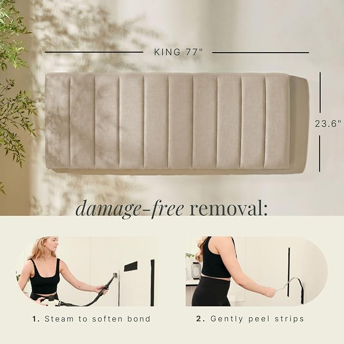 Hearth & Harbor Upholstered King Headboard - Easy Assemble Channel Stitched Headboard King Size Bed - Wall Mounted Headboards with 3D Soundproof Wall Panels Peel & Stick Floating Headboards, Beige