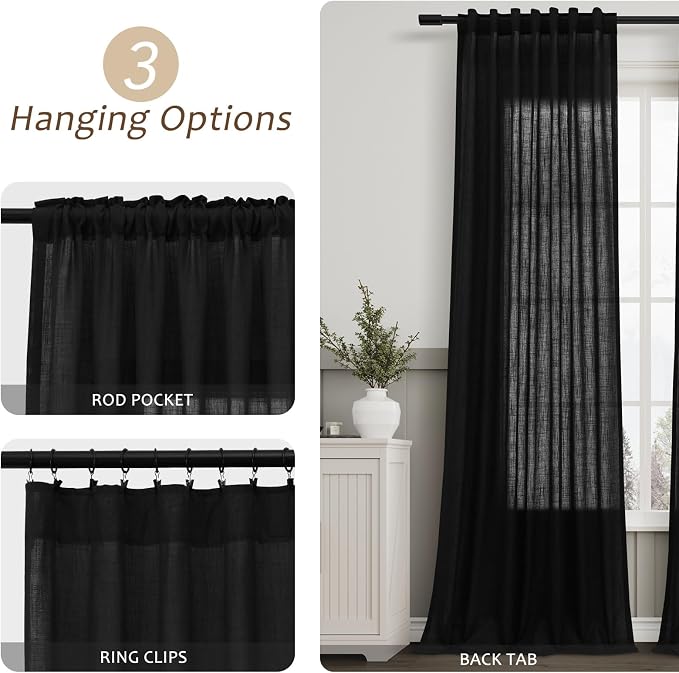 Black Curtains 90 Inches Long Cotton Linen Rod Pocket Back Tab Semi Sheer Black Drapes Privacy Light Filtering Lightweight Aesthetic Modern Elegant Boho Window Curtains 2 Panel Sets for Living Room