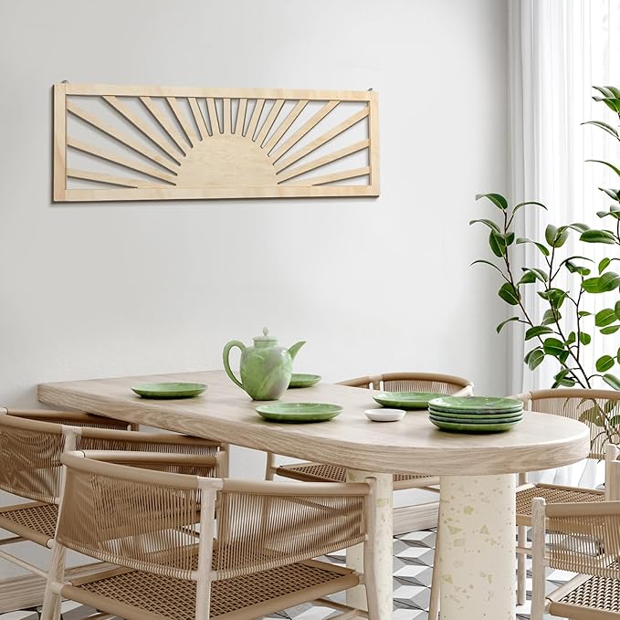 Burbell Sun Wall Art Decor 35'' x 12'' Large Boho Sun Wall Decor Wooden Horizontal Vintage Bohemian Hanging Rectangle Panoramic Above Bed Decoration for Bedroom Home(Wood Color)