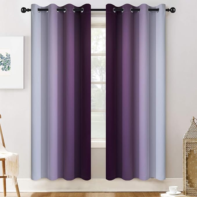 Yakamok Ombre Curtains Purple and Greyish White for Living Room,52Wx72L | Room Darkening Curtains 72,Thermal Insulated Gradient Color Drape,Light Blocking Grommet Window Curtains for Bedroom,2 Panels