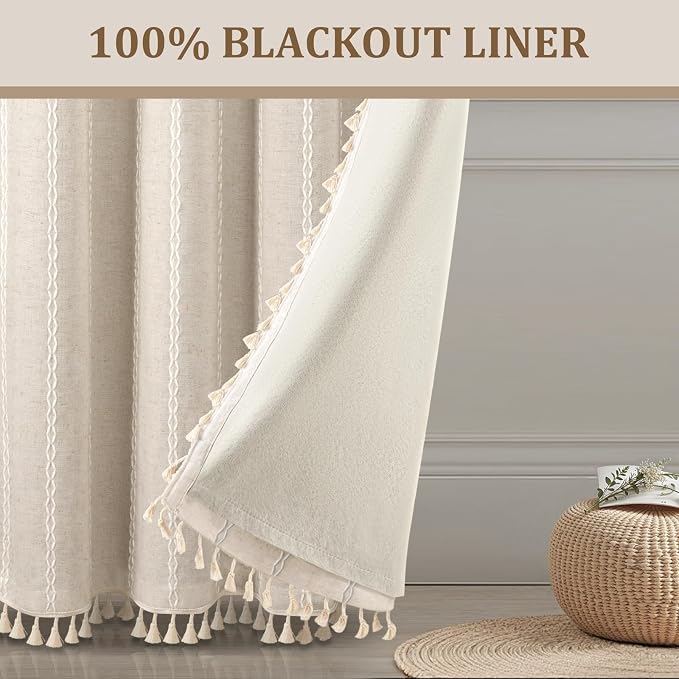 Cream Boho Blackout Curtains 2 Panels 84 Inch for Living Room Bedroom, Beige Linen Texture Farmhouse Curtains with Tassels and Cotton Embroidery Vintage Rustic Western Rod Pocket