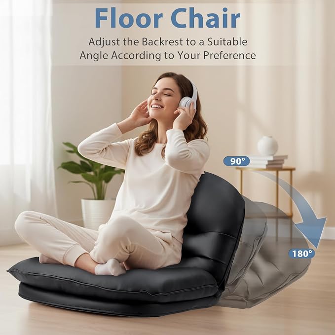 DUMOS Comfy Saucer Chair,PU Leather Foldable Chairs for Bedroom, Dorm & Gaming, Foldable Fashion Floor Chair with Back Support for Small Spaces, New Black