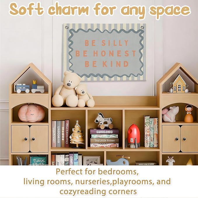 RTXLEZM Kids Room Decor, Be Silly Be Honest Be Kind Nursery Banner | Retro Blue Striped Inspirational Wall Hanging for Kids Toddler Boys Girls Nursery Room Bedroom Playroom Decor