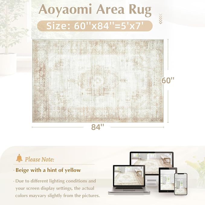 Aoyaomi Vintage Living Room Area Rug - 5x7 Large Machine Washable Boho Moroccan Distressed Farmhouse Rugs for Bedroom - Soft Non-Slip Indoor Floor Accent Rugs for Office Dining Room (Beige, 5' x 7')