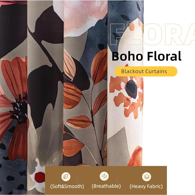 Boho Floral 100% Blackout Curtains 84 inch Long for Bedroom Black Out Thermal Insulated Drapes Sage Green Flower Patterned Full Light Blocking Window Treatment for Living Room 2 Panels 52 x 84 Inch