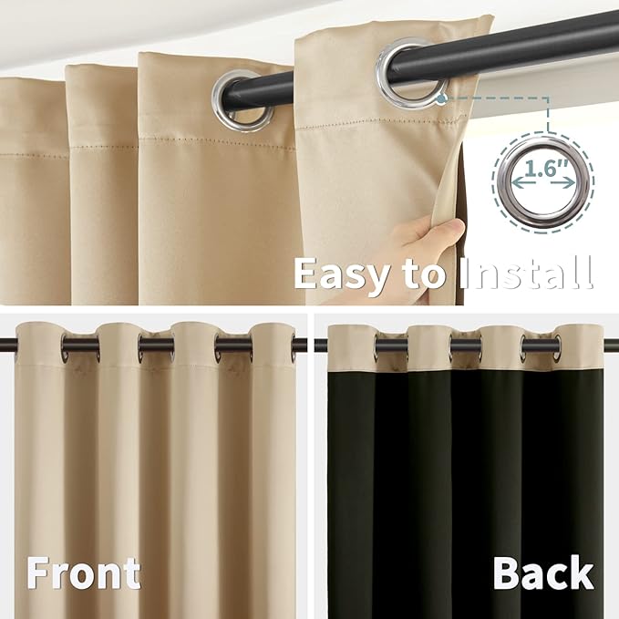 BGment Thermal Insulated 100% Blackout Curtains for Bedroom with Black Liner, Double Layer Full Room Darkening Noise Reducing Grommet Curtain (55 x 69 Inch, Beige, 2 Panels)