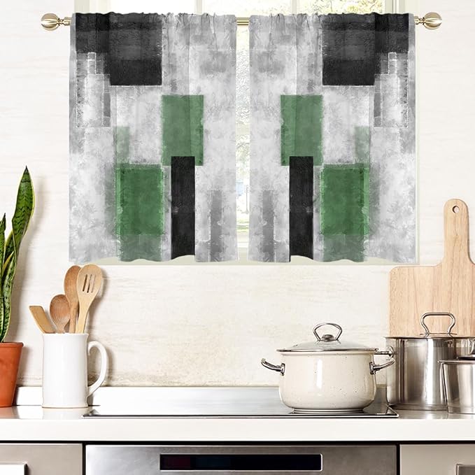 AAtter Green and Black Window Curtains for Kitchen Grey Sliver Abstract Geometric Square Small Short Home Living Room Bedroom Bathroom Drapes Treatment Tiers Fabric 1 Pair, 27.5" W x 39" L, Modern