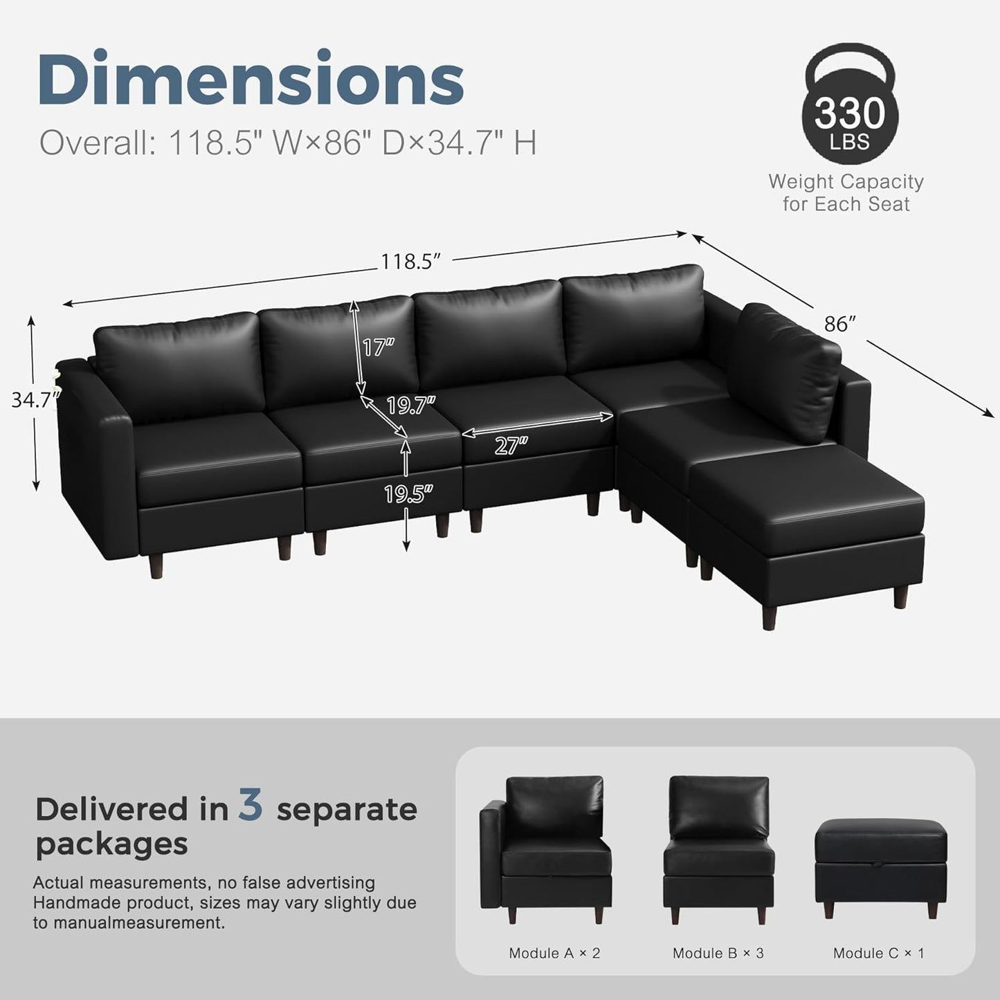 118.5" Faux Leather Modular Sectional Sofa, L Shaped Couch Set for Living Room, 6-Seater Comfy Cloud Couches with Movable Storage Ottoman Black