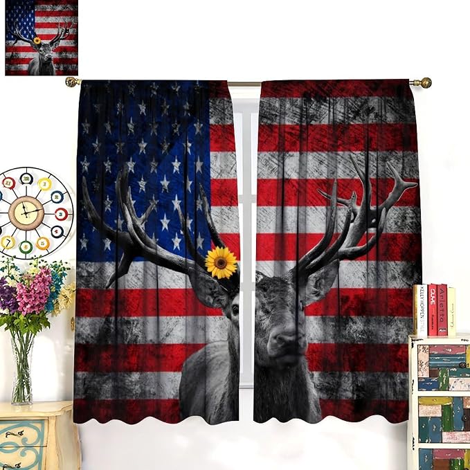 American Flag Curtains,Vintage Farmhouse Wildlife Elk Hunter Rural Style Drape for Bedroom Living Room Window Treatment 2 Panels Set Total Size 42" W X 63" L Inch