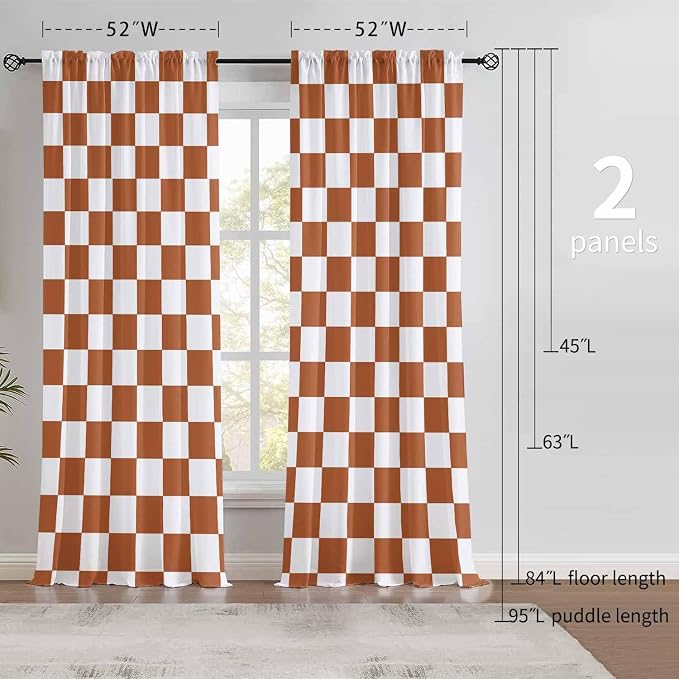 Orange Checkered Curtains for Bedroom,Rod Pocket Burnt Orange Semi Sheer Curtains Farmhouse Retro Checkerboard Light Filtering Drapes for Living Room,Set of 2 Window Curtain Panels,52 x 84 Inch